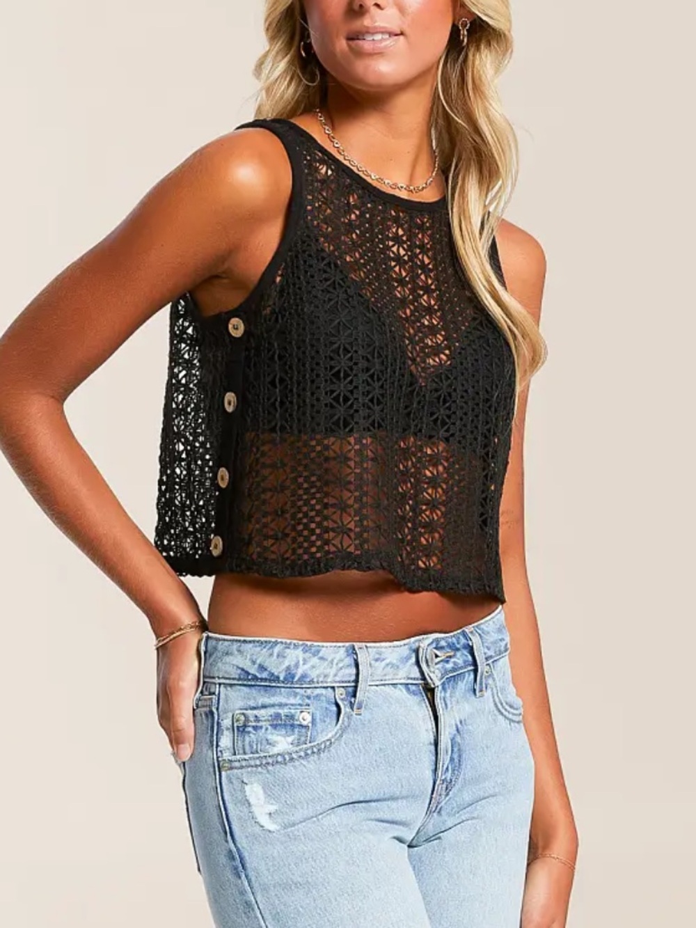 hyfve Crochet Cropped Tank Top Black Womens Large Buttons Pullover Beach Rave